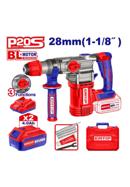 Marteau perforateur 28mm sans fil 20V + 2 Batteries 4.0Ah EMTOP